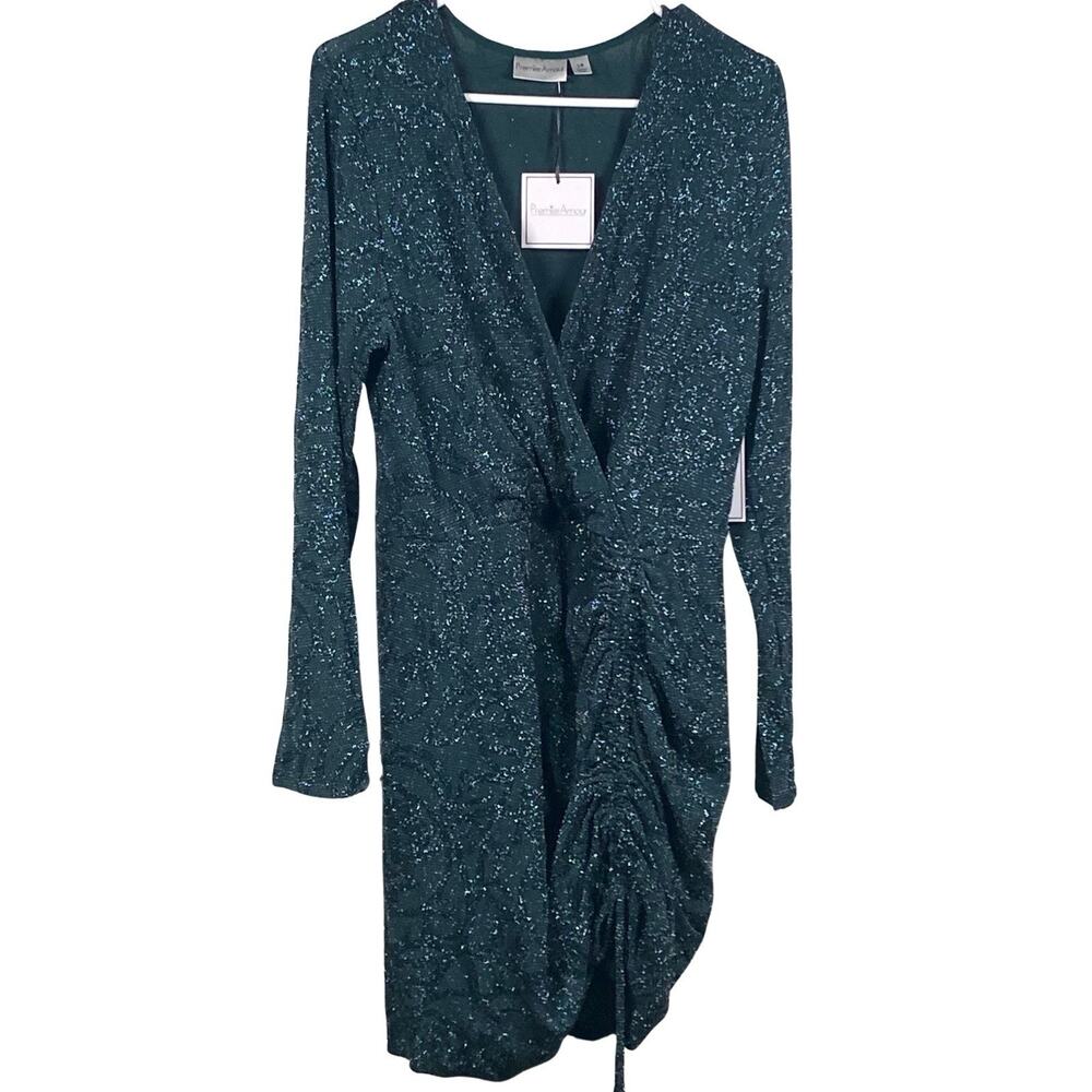 Premier Amour Mini Dress Size 14 Hunter Green V-Neck Glitter Cinched Hem NWT
